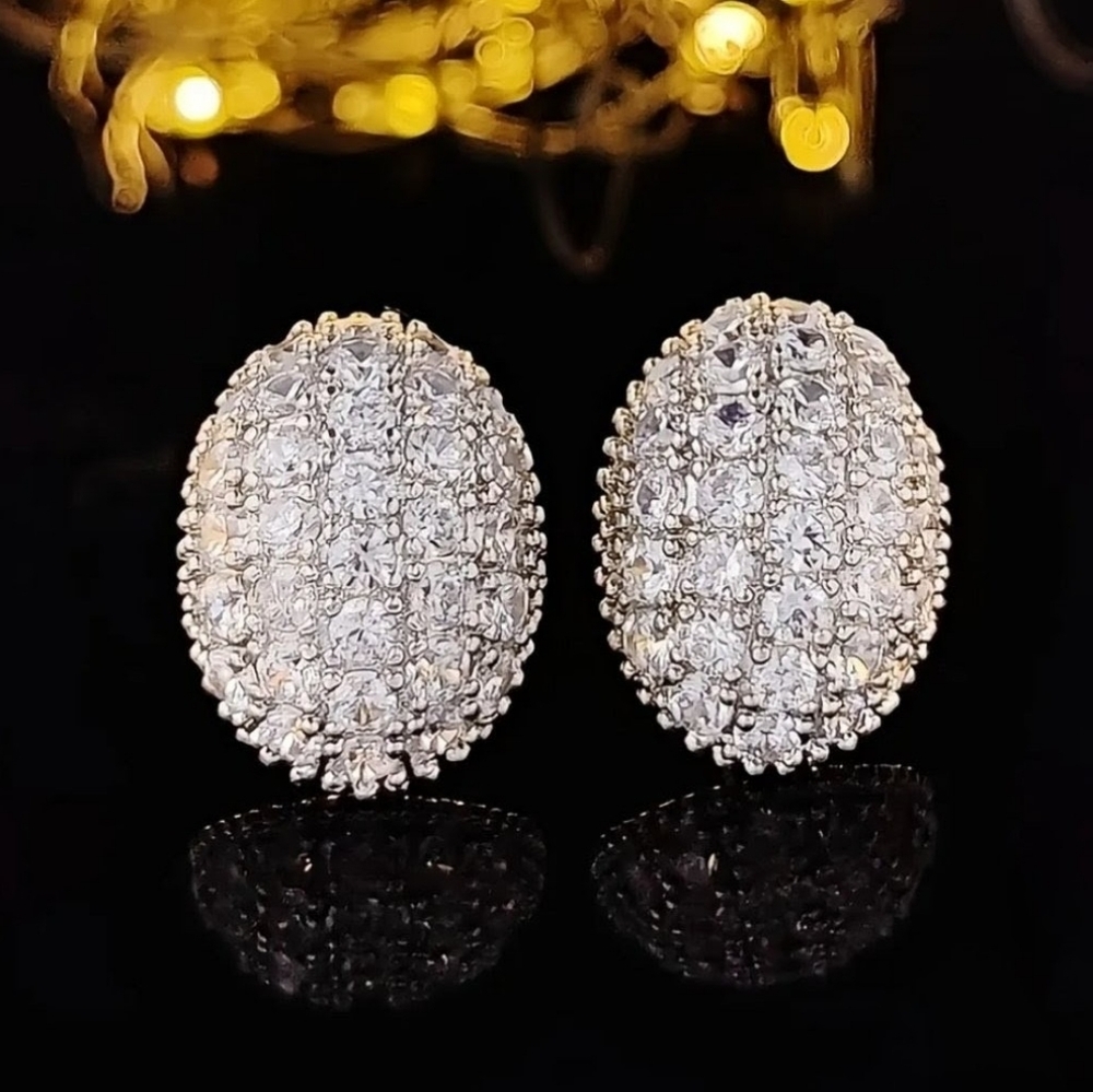 Elegant Silver Paved Diamond Stud Earrings Oval